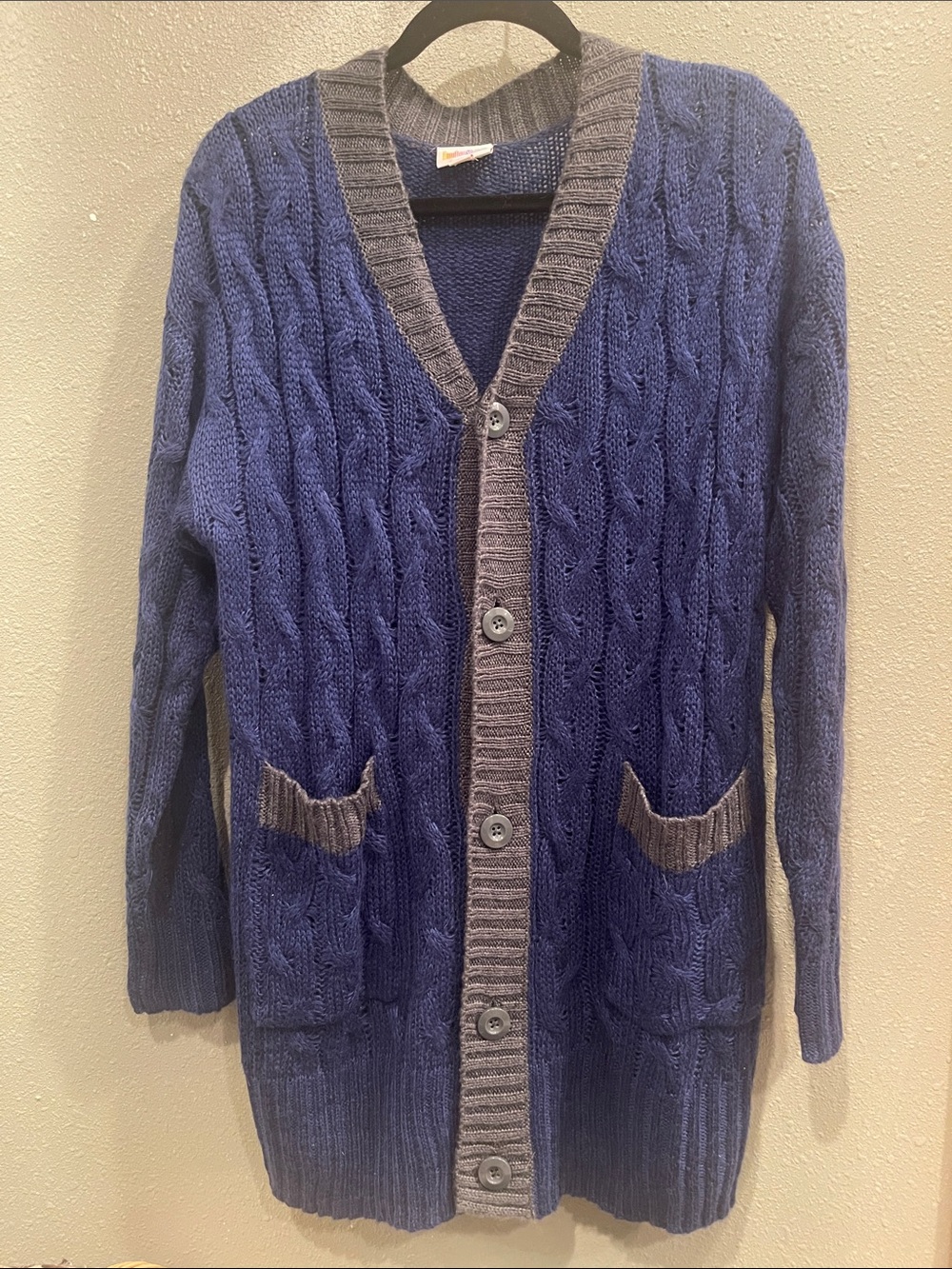 LuLaRoe Blue Cable Knit Cardigan with Gray Trim